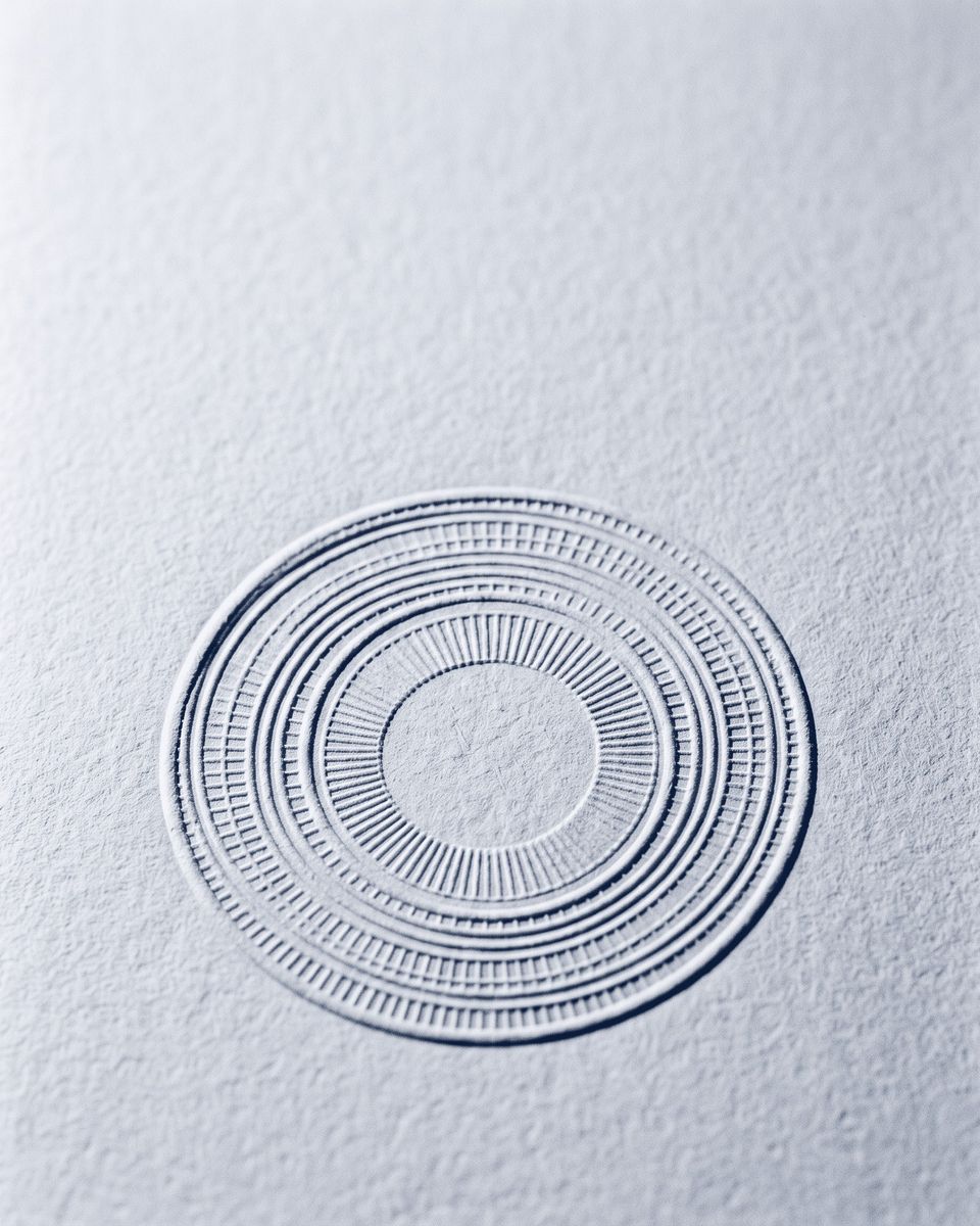 A circular embossed seal pressed into textured paper, in deep ink blue.