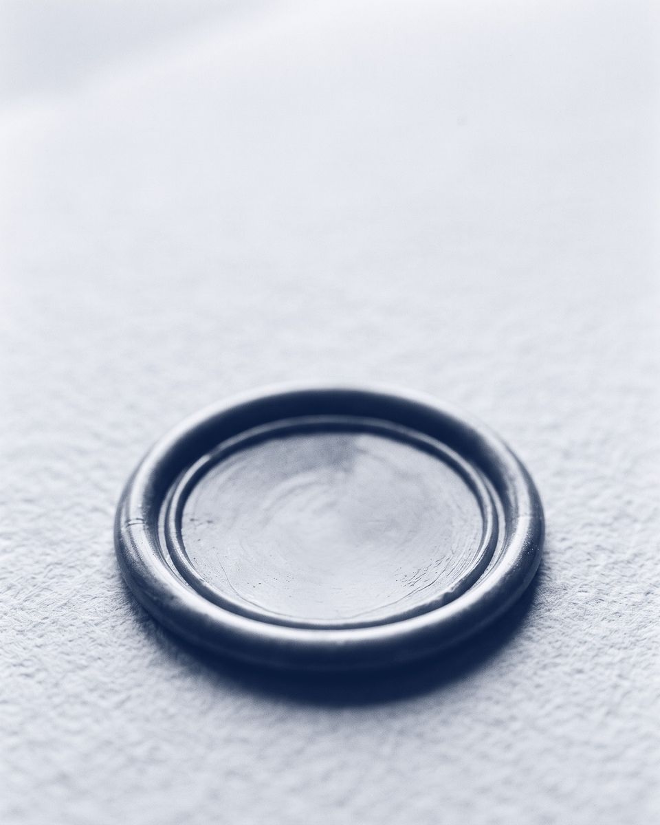 A blank sealing-wax seal pressed into textured paper, in deep ink blue.